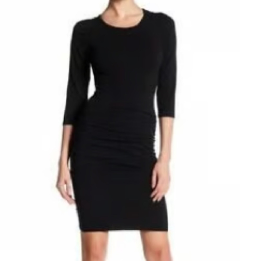JAMES PERSE 3/4 Sleeve Black Jersey Knit Ruched Side Dress - 0 - XS